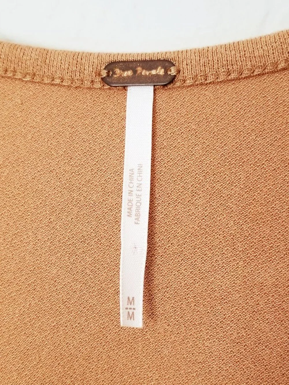 Free People Lace Coset Inset Sweetheart Long Sleeves Top M Camel Stretch Knit